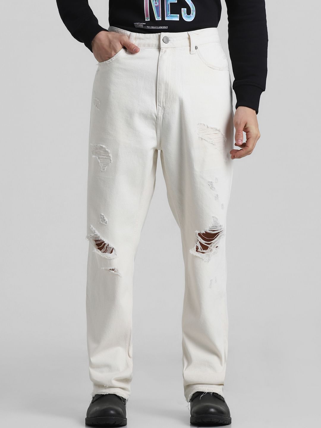 Ecru Mid Rise Distressed Loose Fit Jeans - 28/27