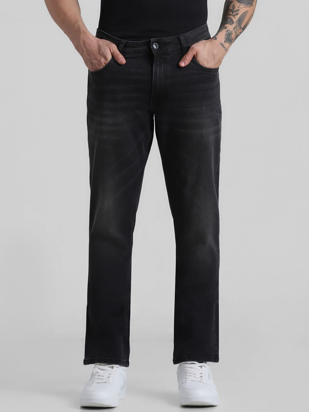 Black Mid Rise 5 Pocket Regular Fit Jeans - 28/30