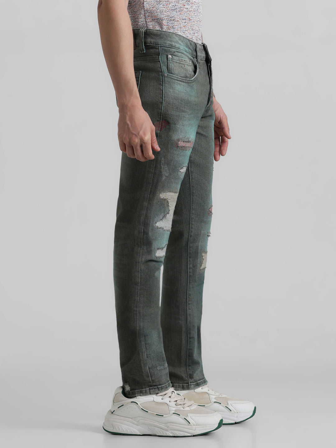URBAN RACERS by JACK&JONES Green Low Rise Distressed Glenn Slim Jeans