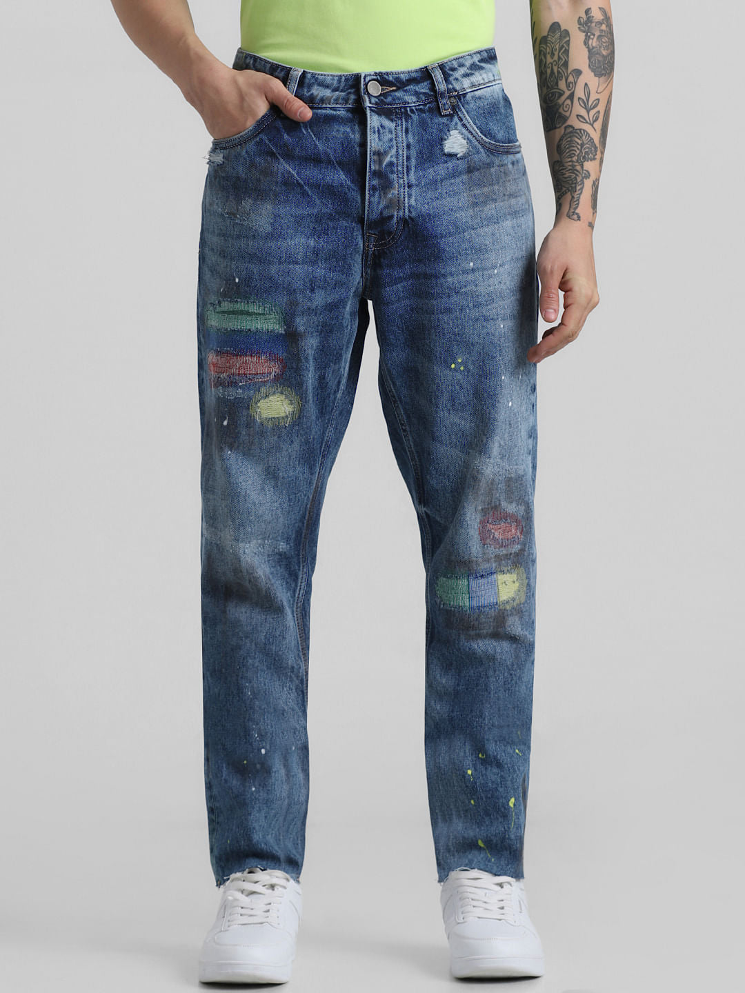 Blue Mid Rise Printed Erik Anti Fit Jeans - 28/30