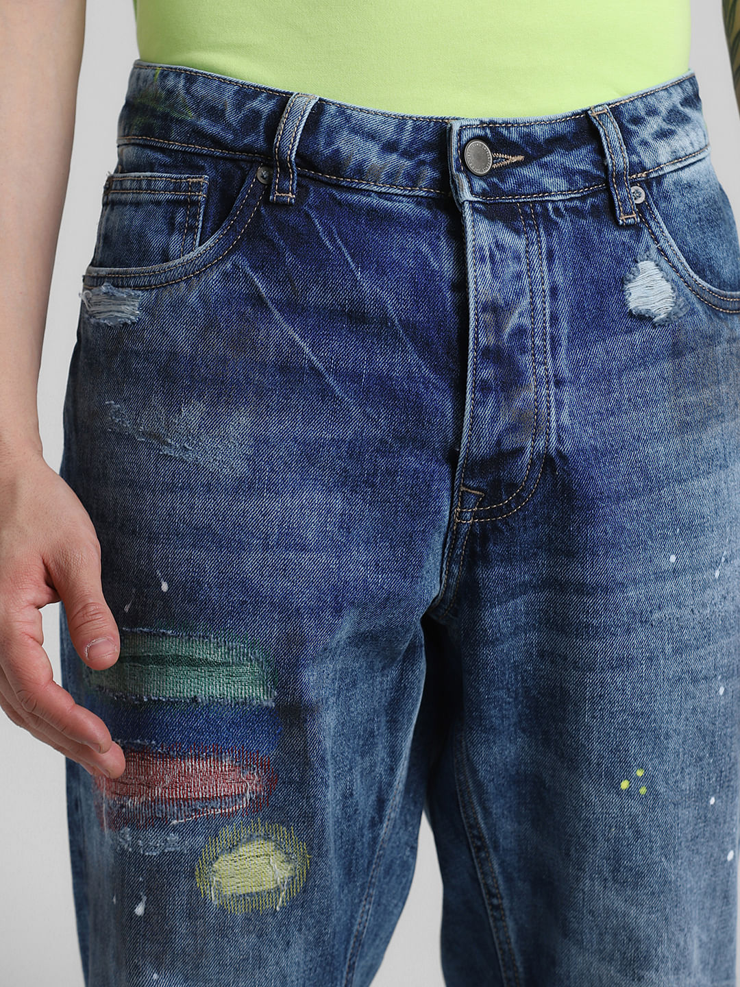 Blue Mid Rise Printed Erik Anti Fit Jeans