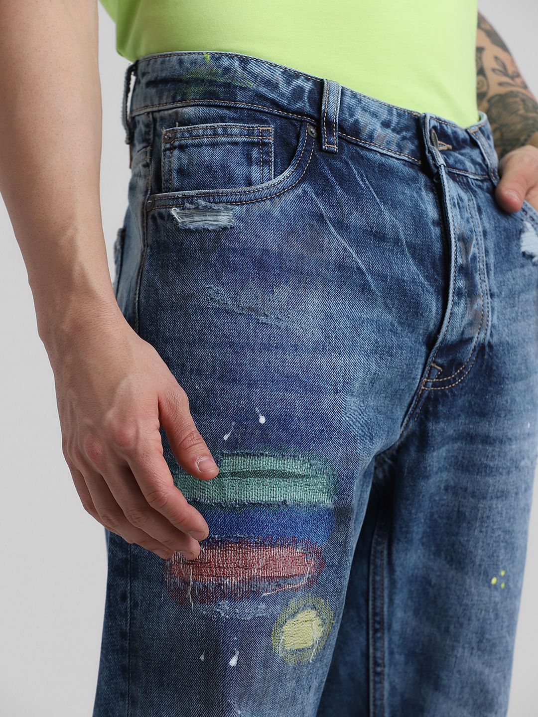 Blue Mid Rise Printed Erik Anti Fit Jeans