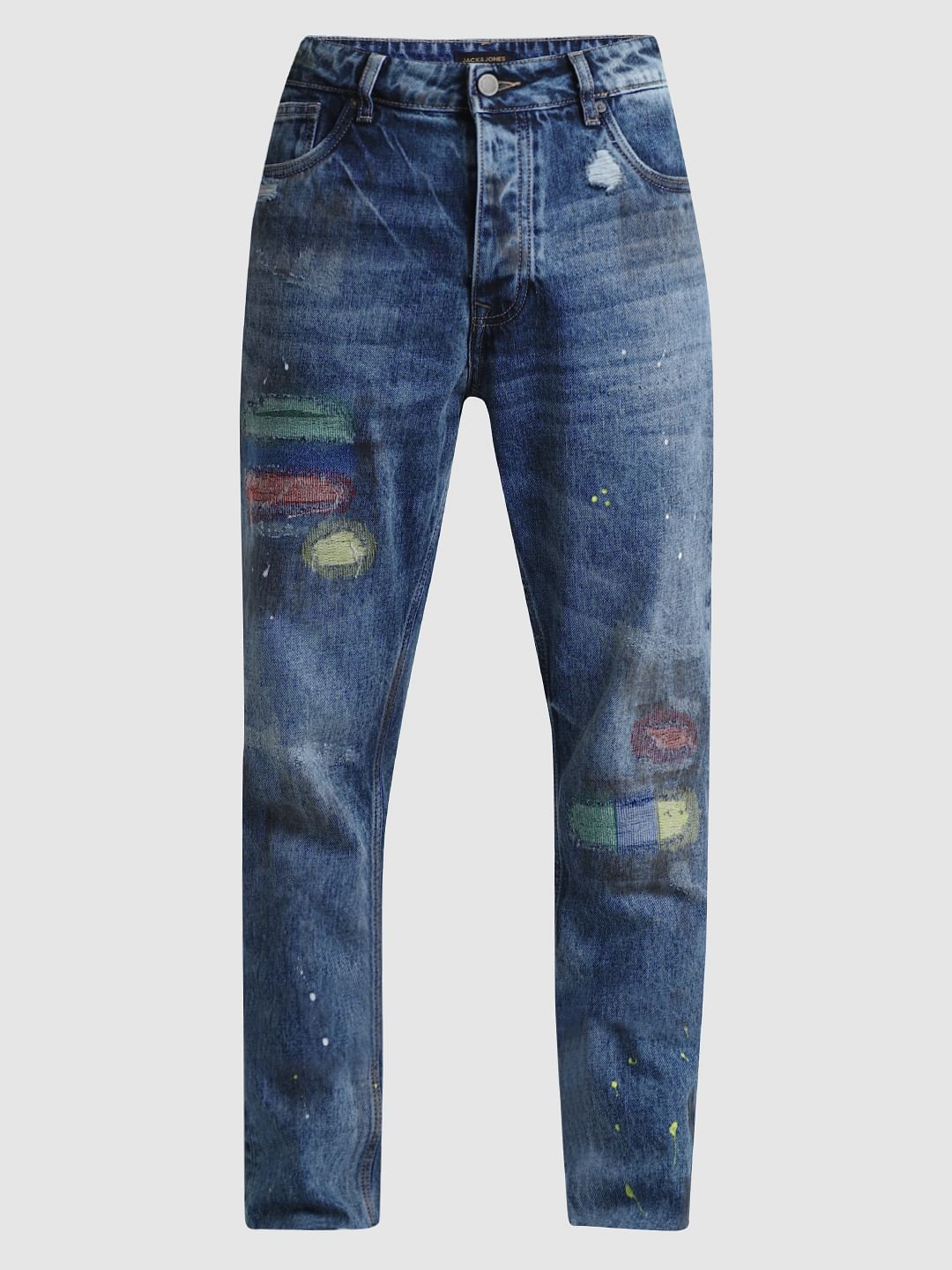 Blue Mid Rise Printed Erik Anti Fit Jeans