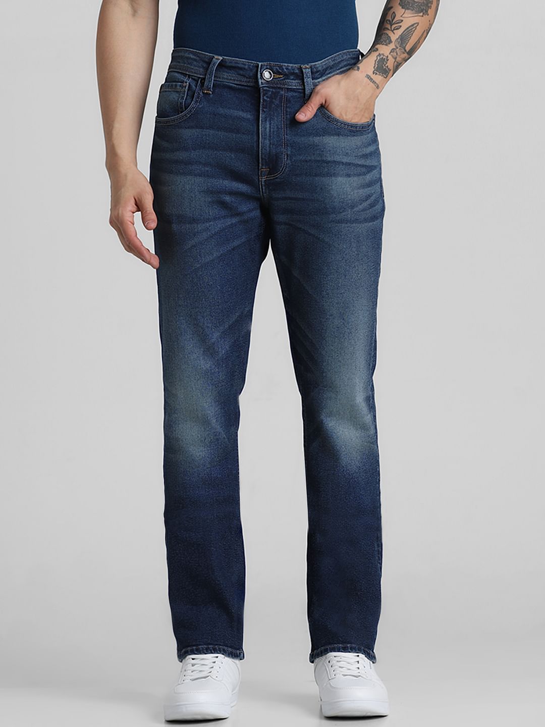 Blue Mid Rise Washed Regular Fit Jeans