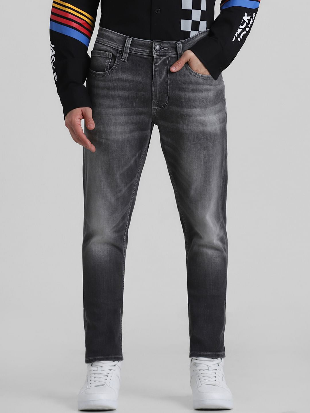 Grey Mid Rise Washed Slim Fit Jeans - 38/31