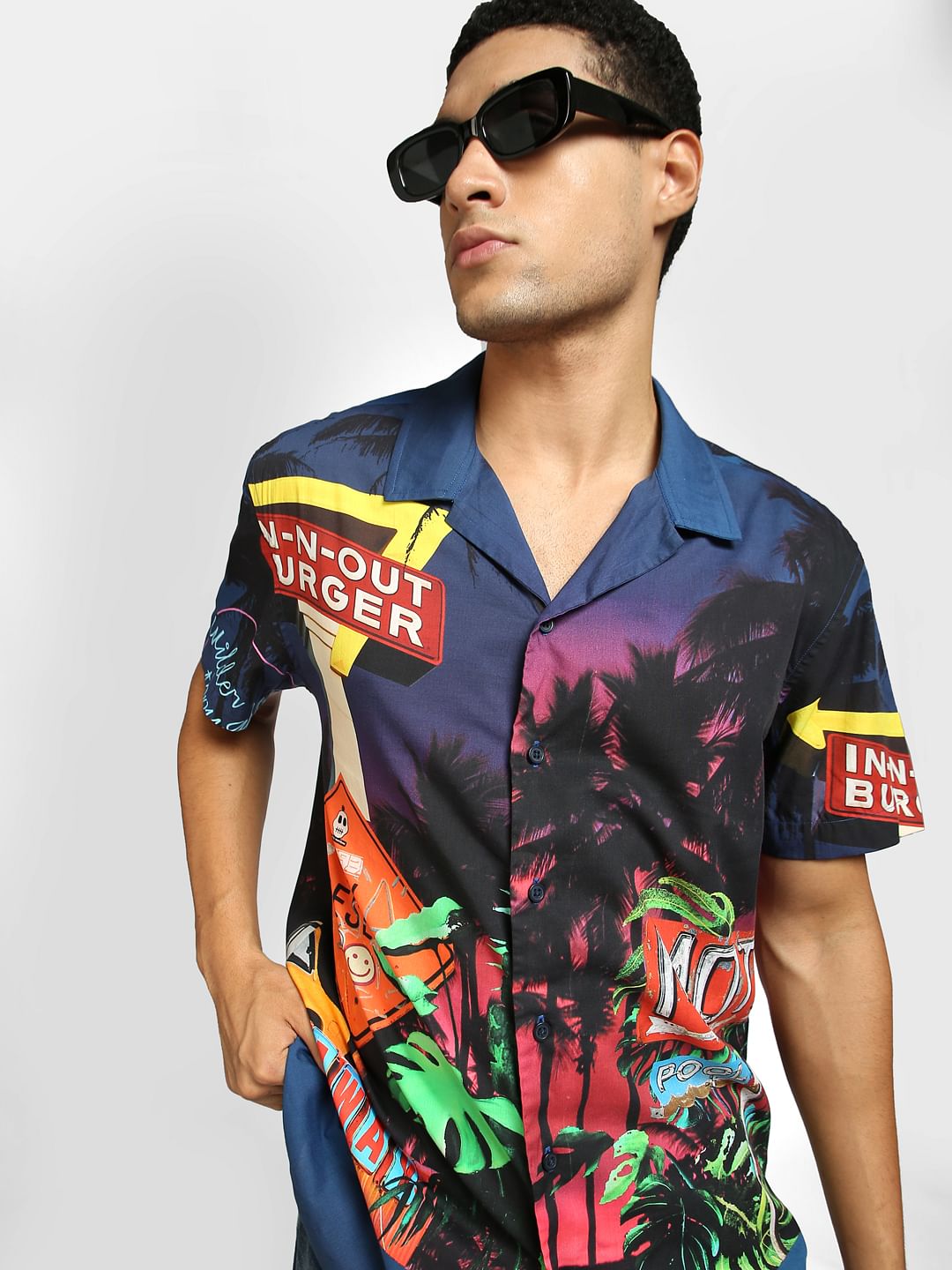 Blue Graphic Print Half Sleeves Shirt - S