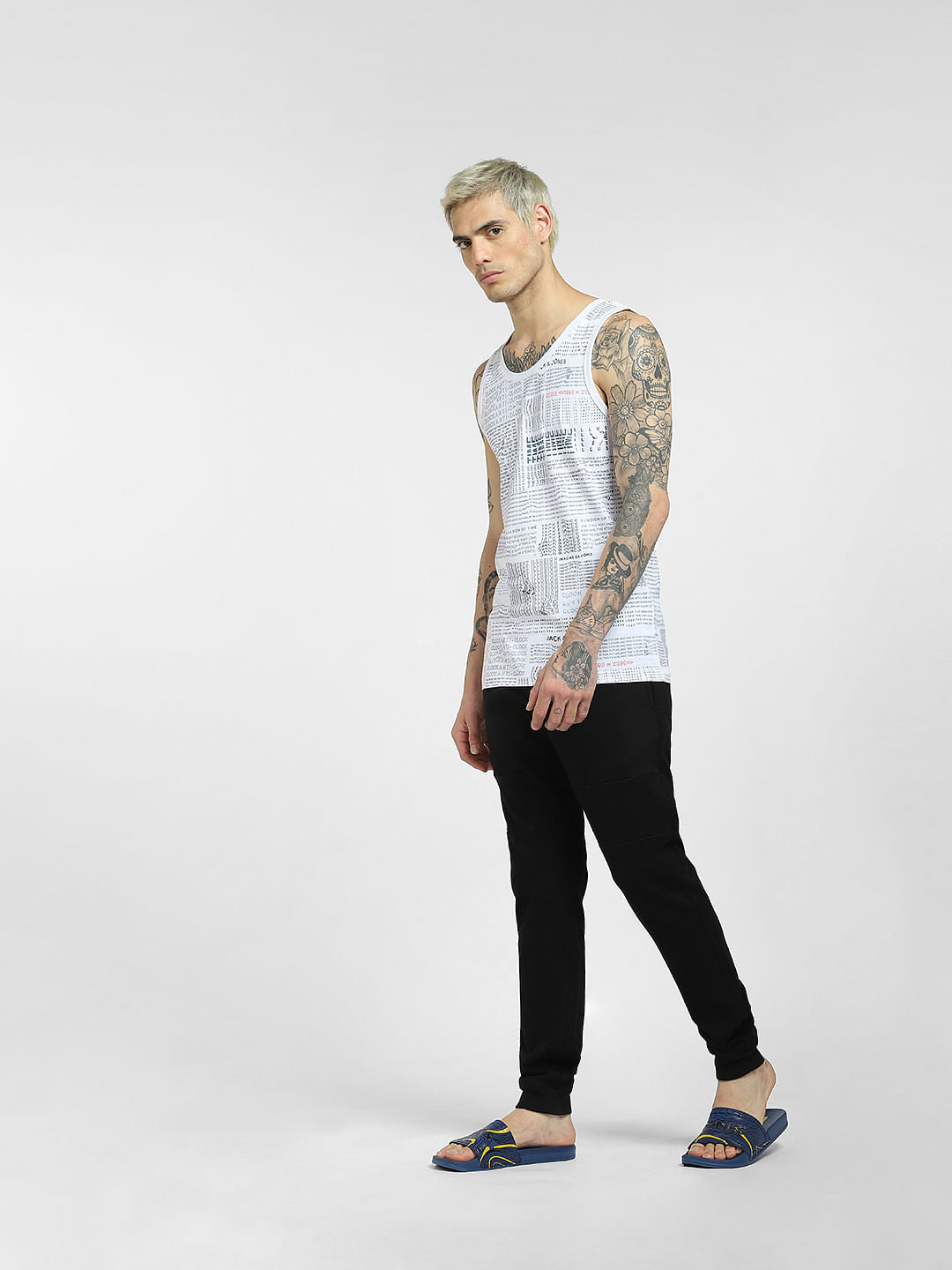 White Text Print Sleeveless T-shirt