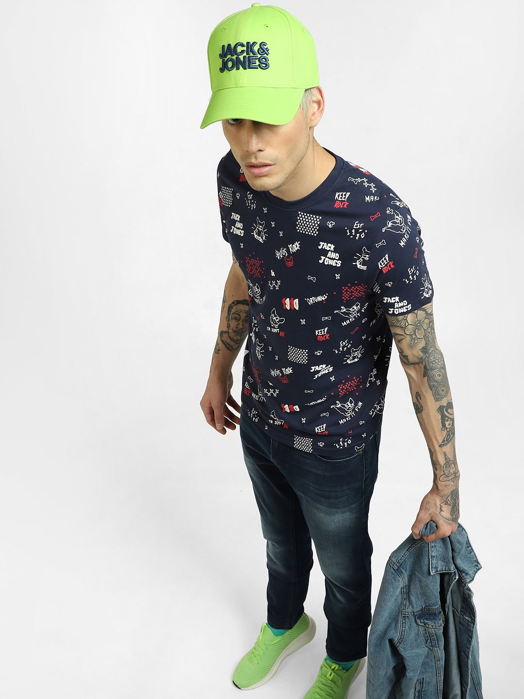 Blue Printed Crew Neck T-shirt - S