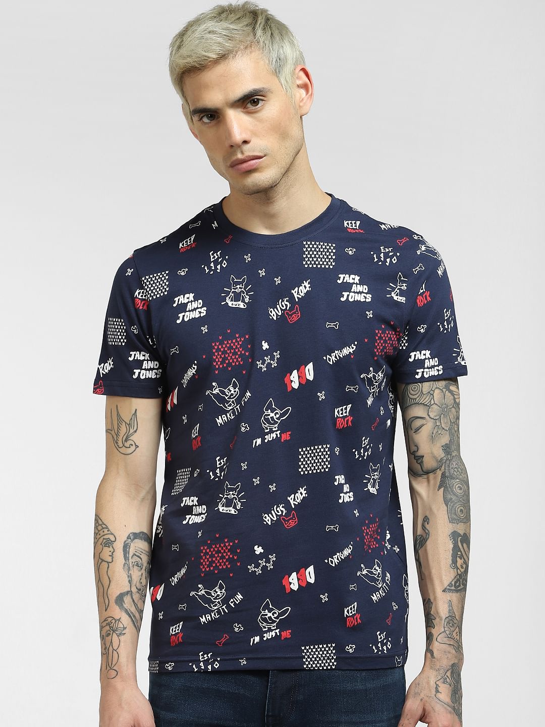 Blue Printed Crew Neck T-shirt