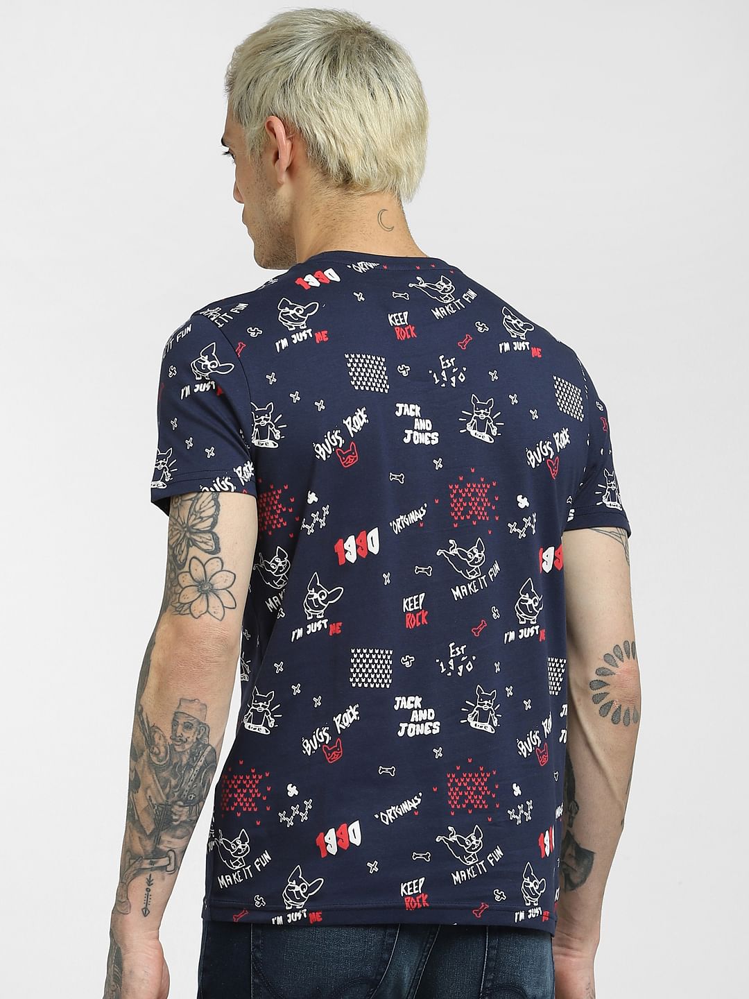Blue Printed Crew Neck T-shirt
