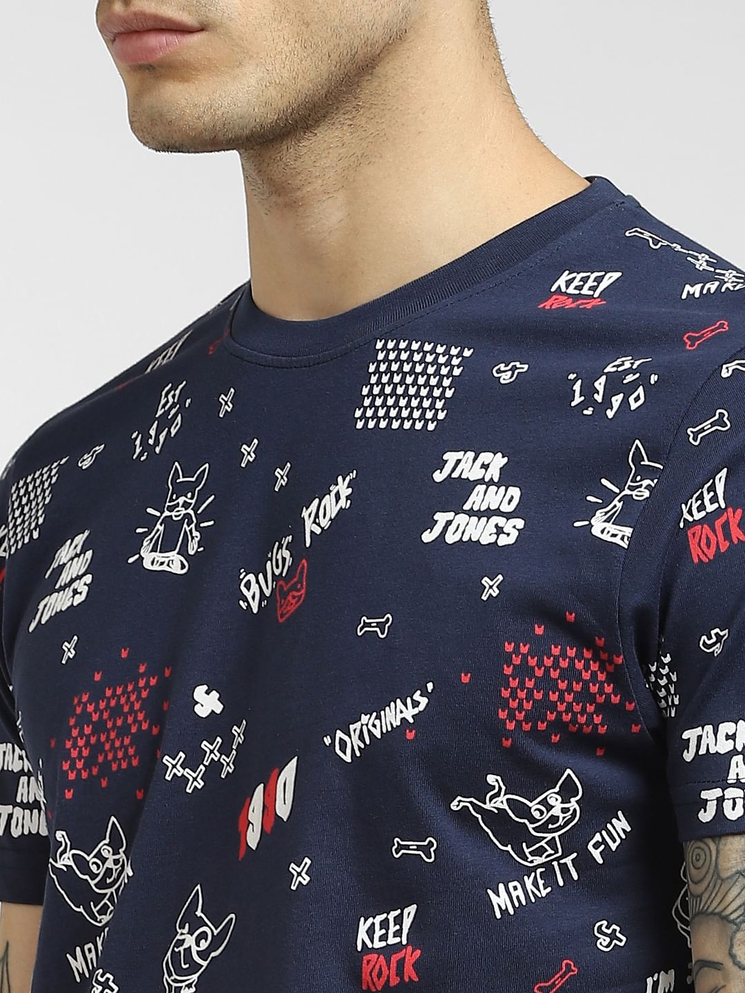 Blue Printed Crew Neck T-shirt