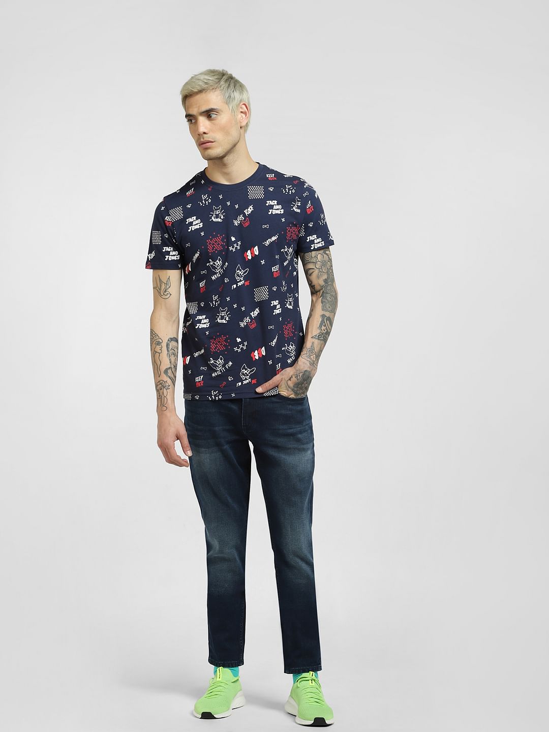 Blue Printed Crew Neck T-shirt
