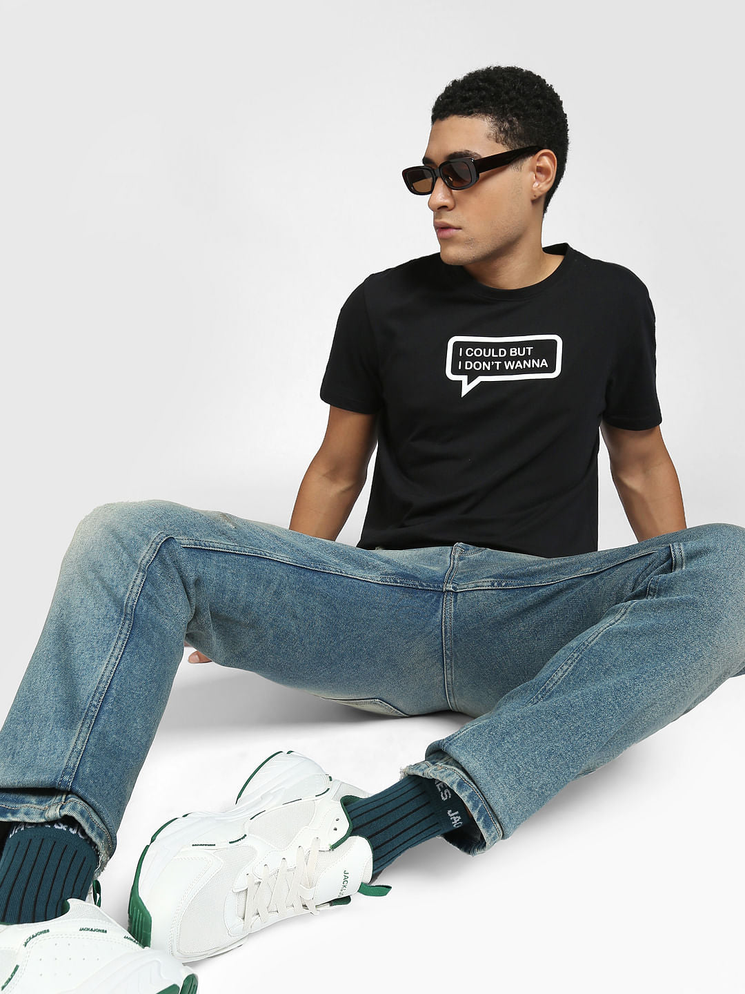 Black Text Print Crew Neck T-shirt - S