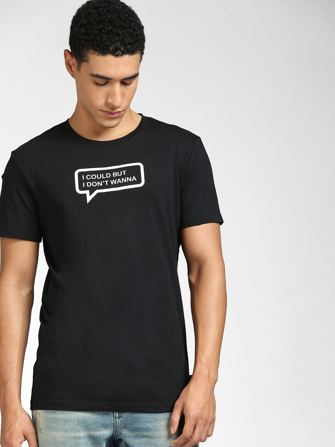 Black Text Print Crew Neck T-shirt