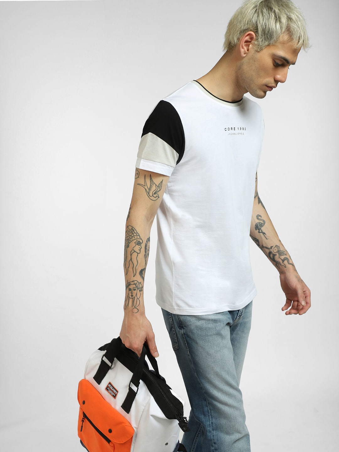 White Colourblocked Sleeves T-shirt - S