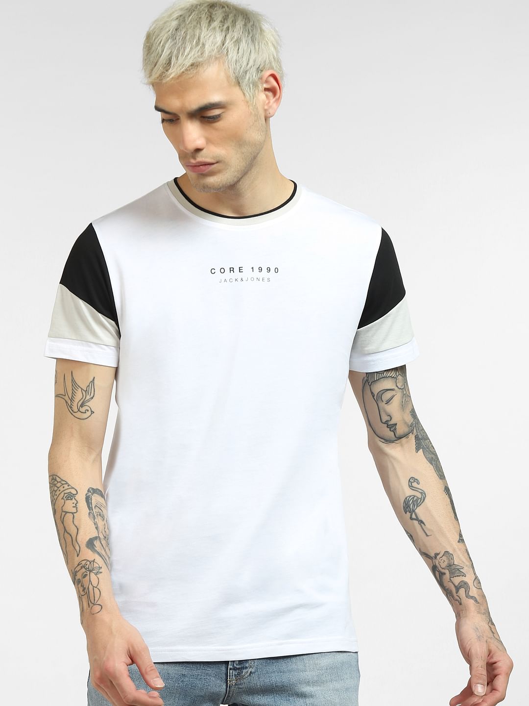 White Colourblocked Sleeves T-shirt