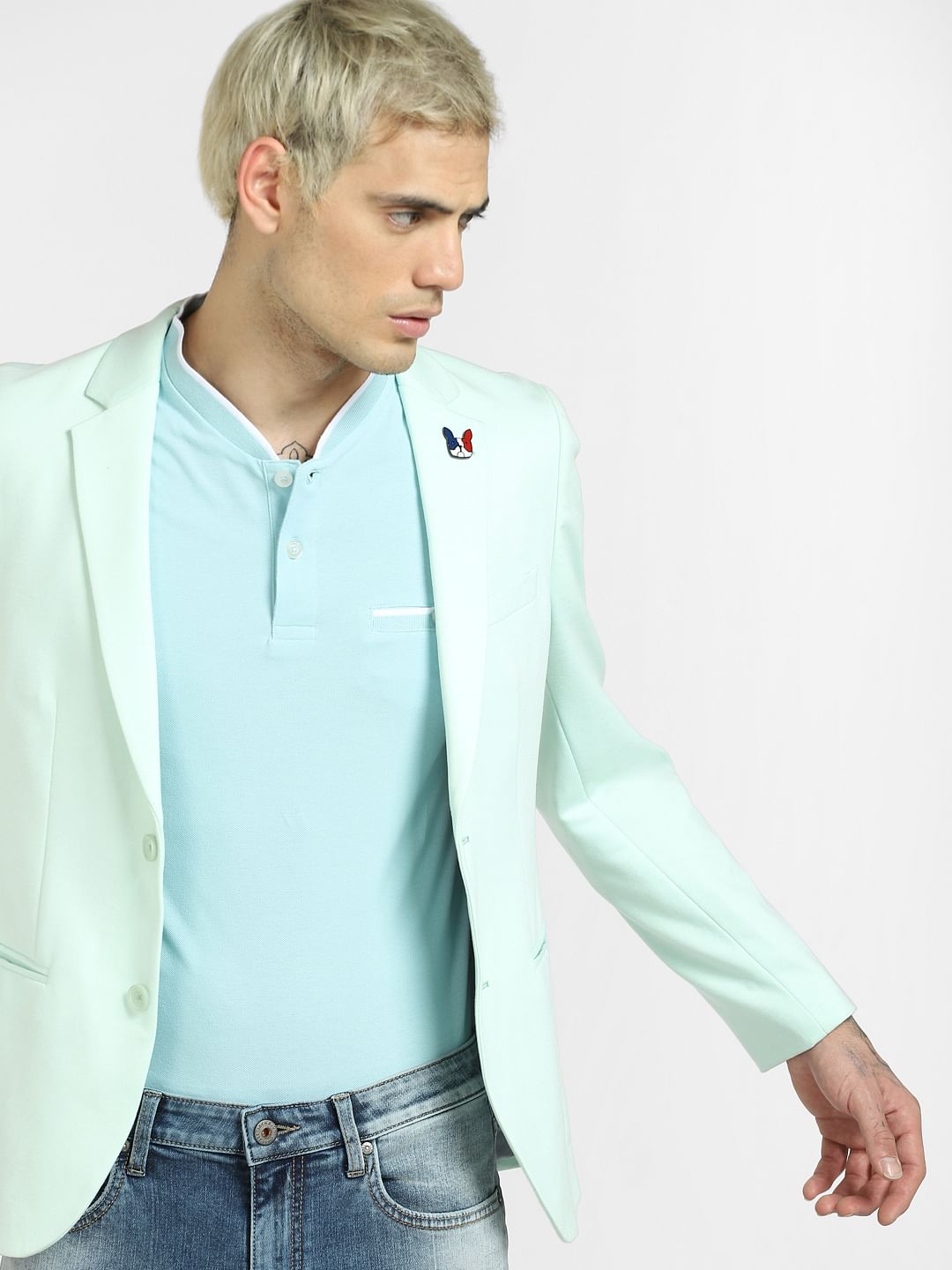 Blue Henley Neck T-shirt - S