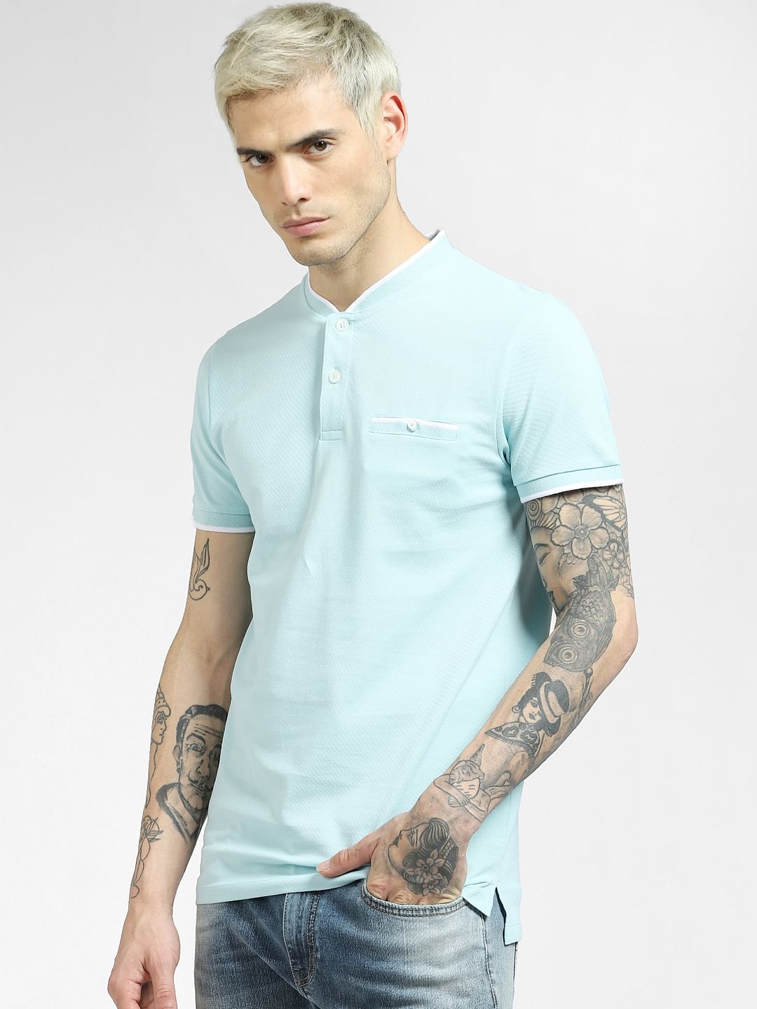 Blue Henley Neck T-shirt