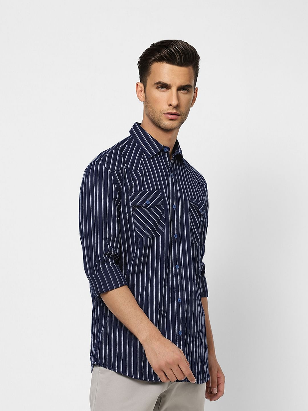 Navy Blue Striped Full Sleeves Shirt