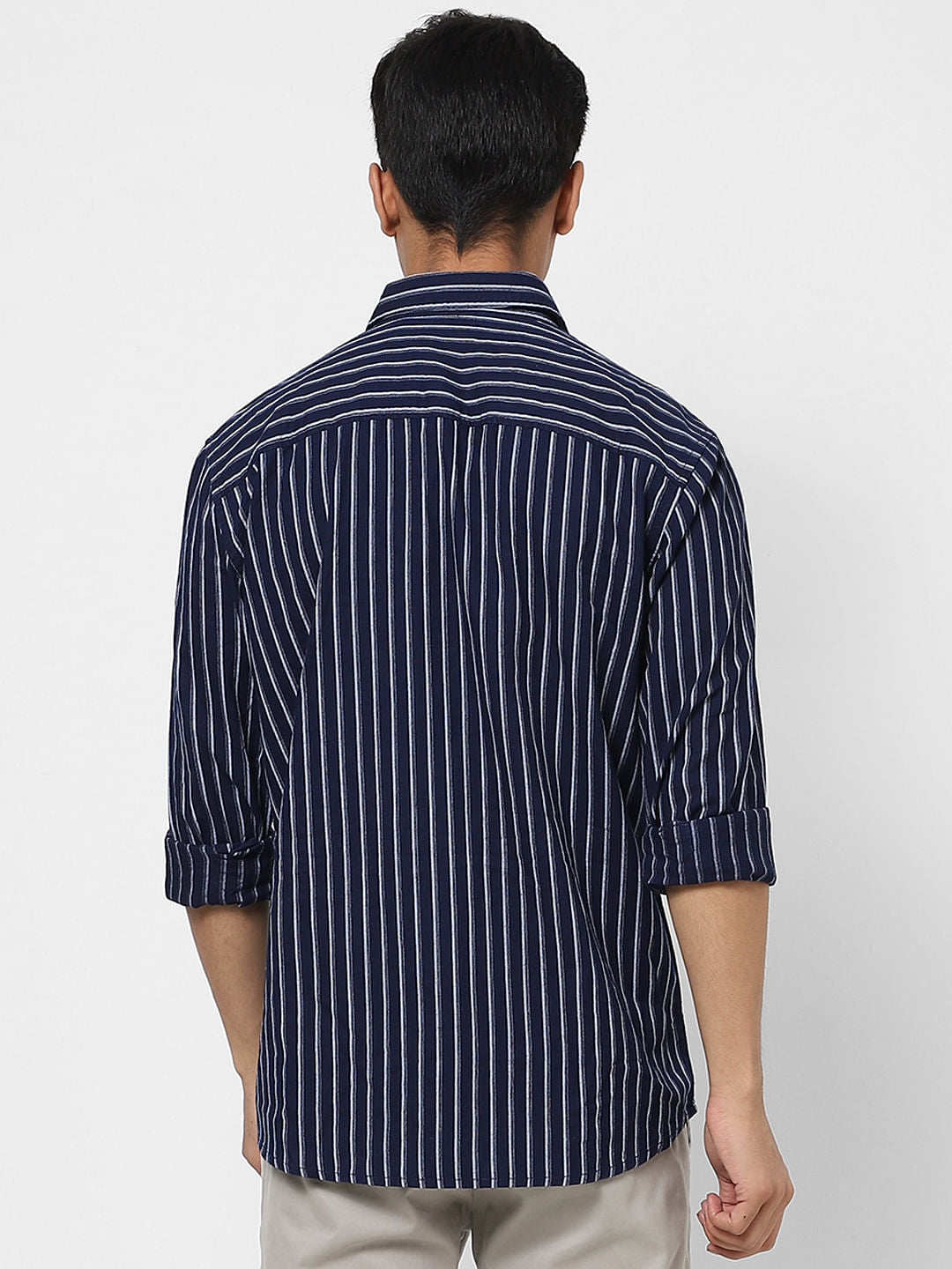 Navy Blue Striped Full Sleeves Shirt