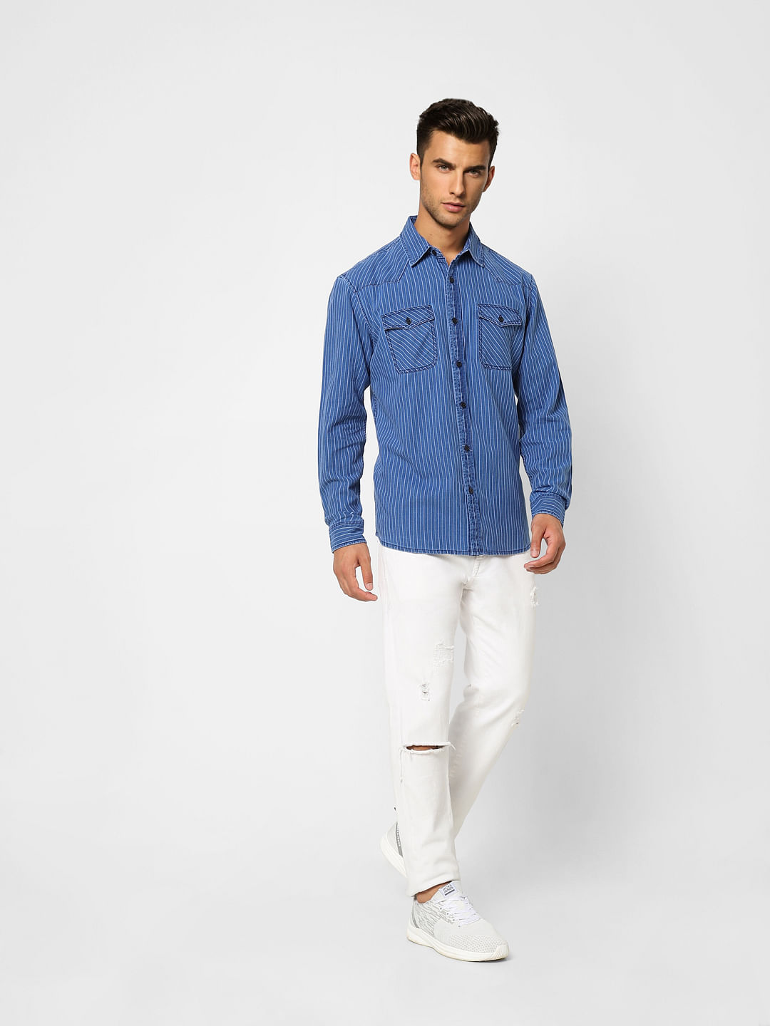 Blue Striped Denim Full Sleeves Shirt