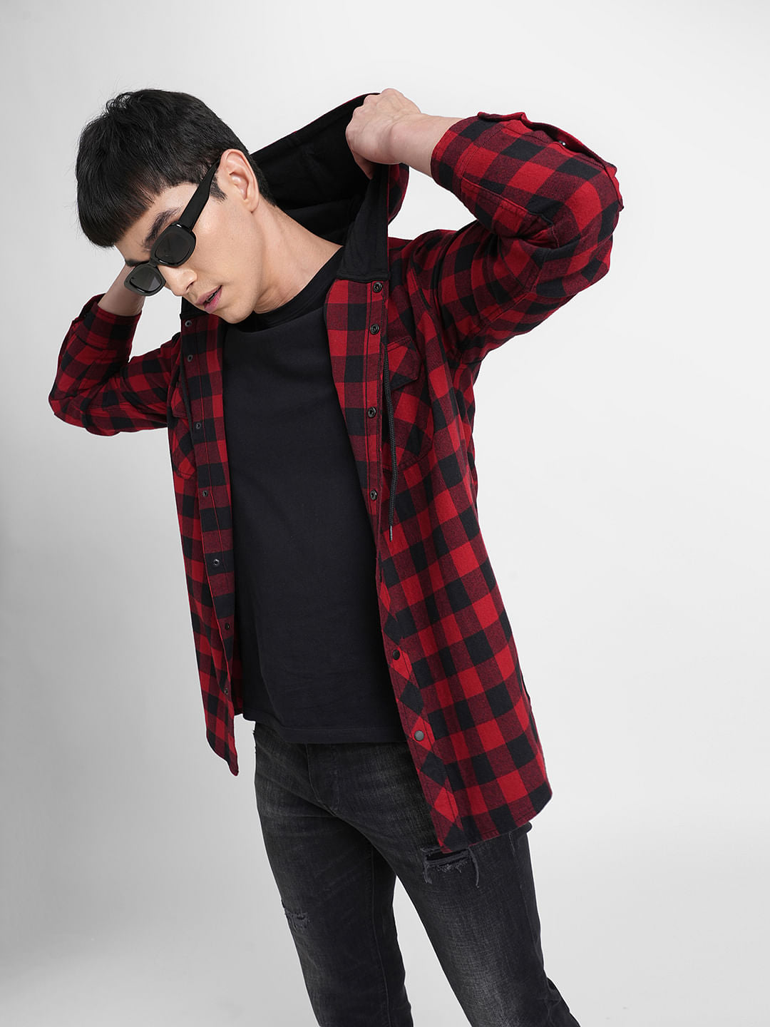Black Check Hooded Full Sleeves Shirt - S