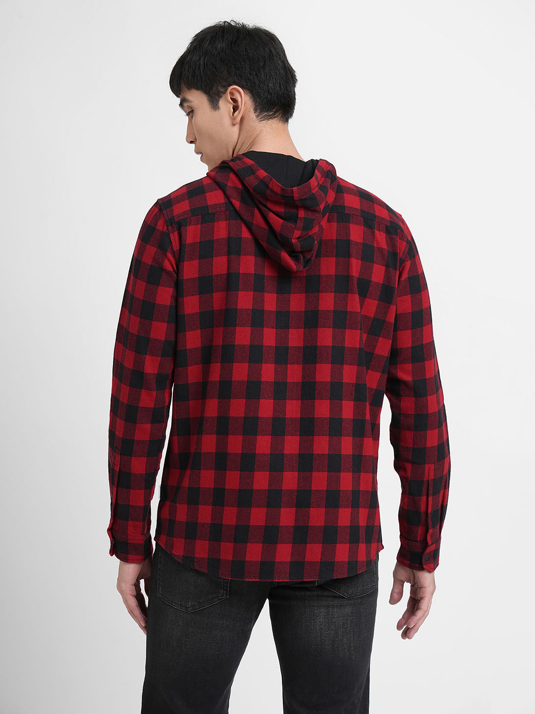 Black Check Hooded Full Sleeves Shirt