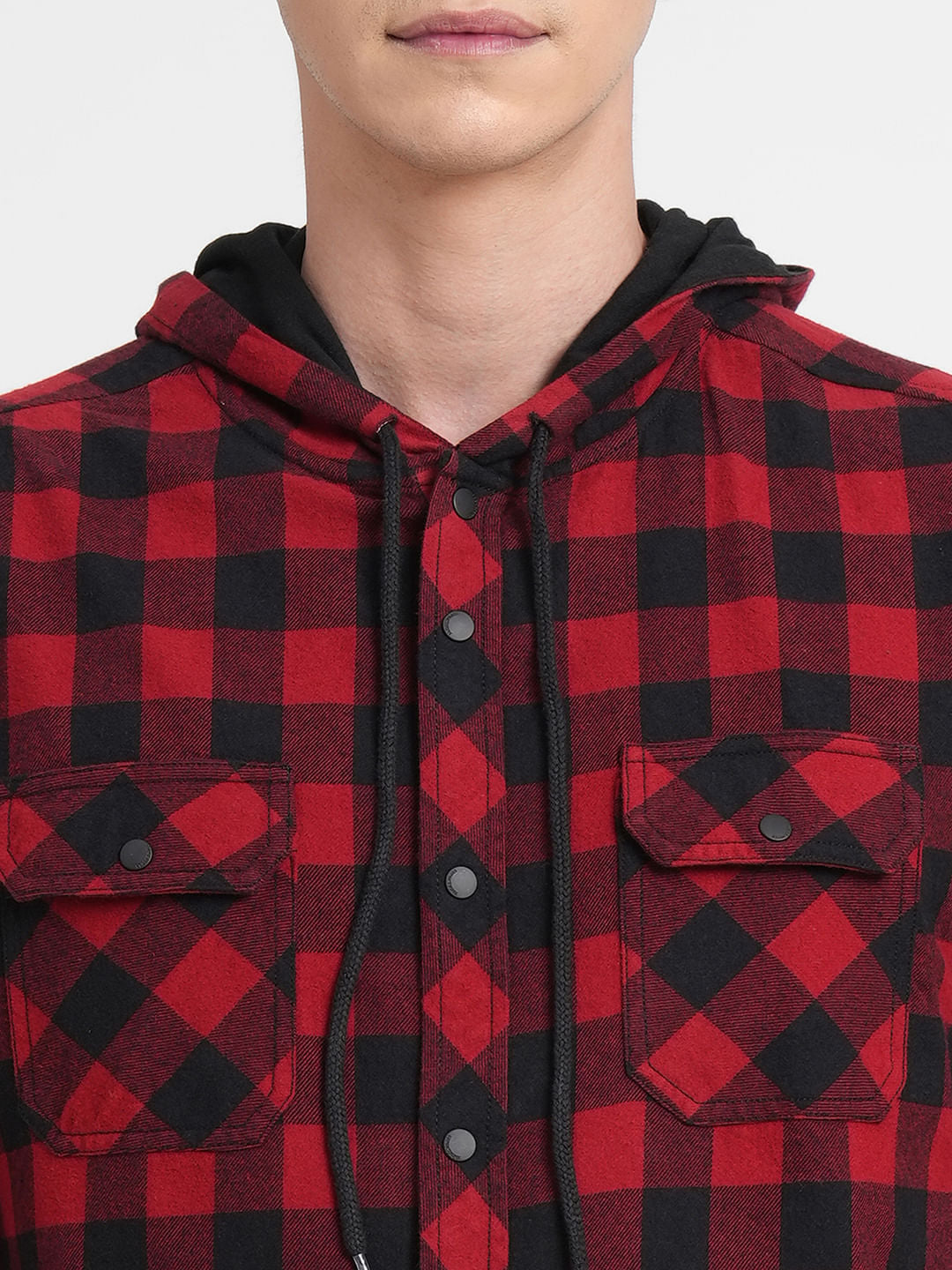 Black Check Hooded Full Sleeves Shirt