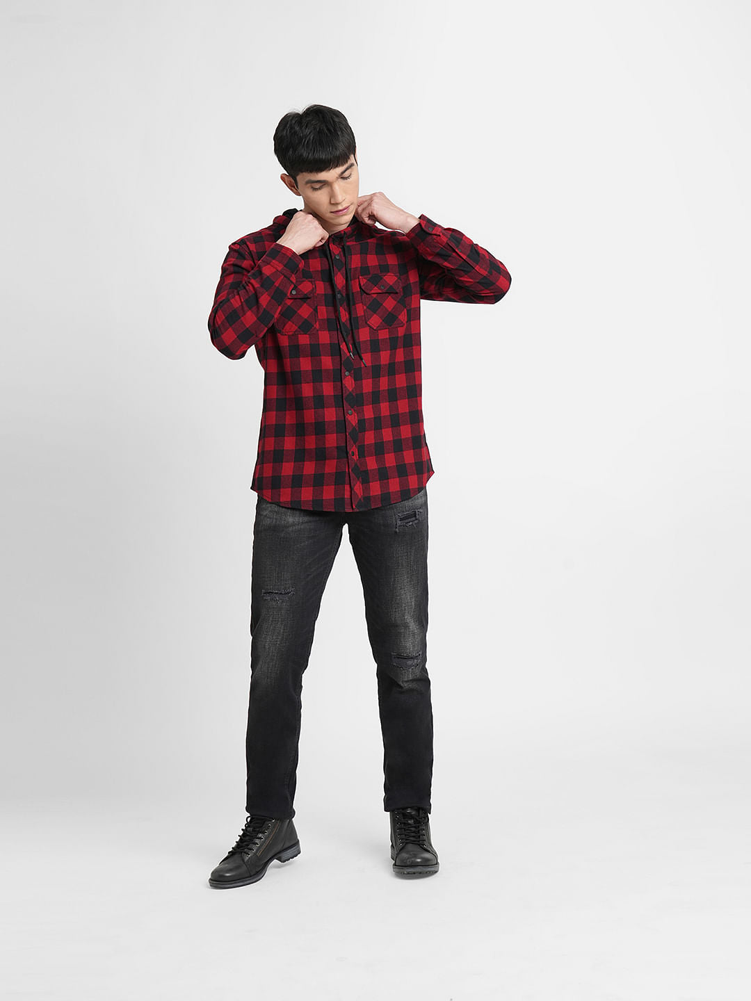 Black Check Hooded Full Sleeves Shirt