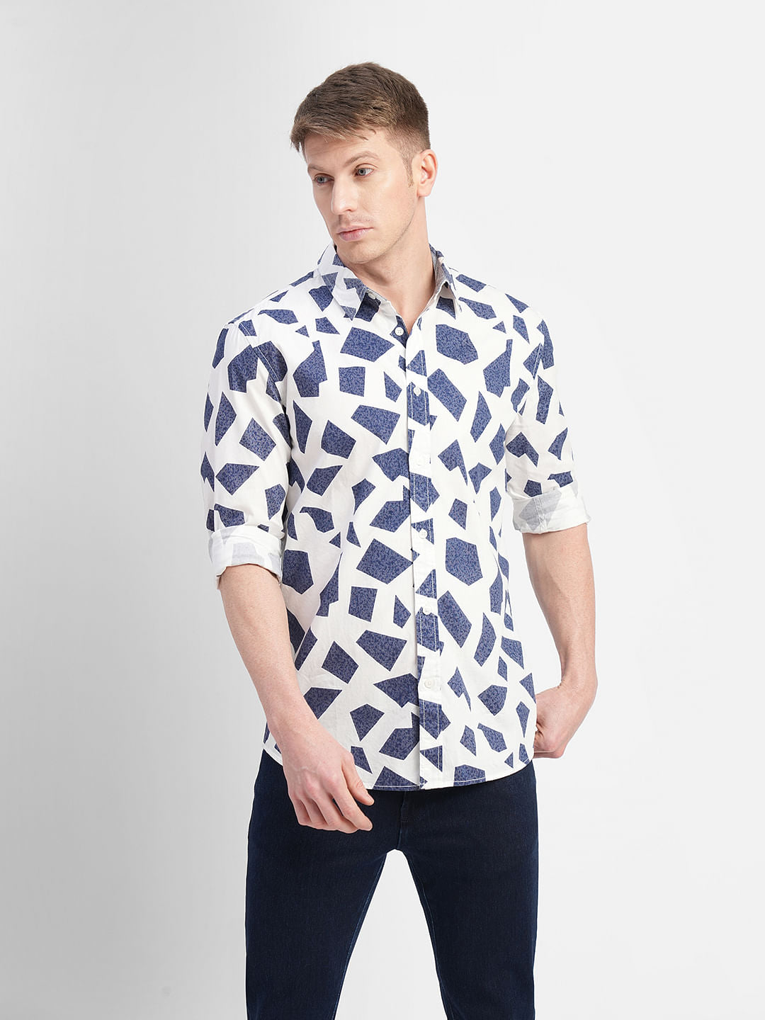White Abstract Print Full Sleeves Shirt