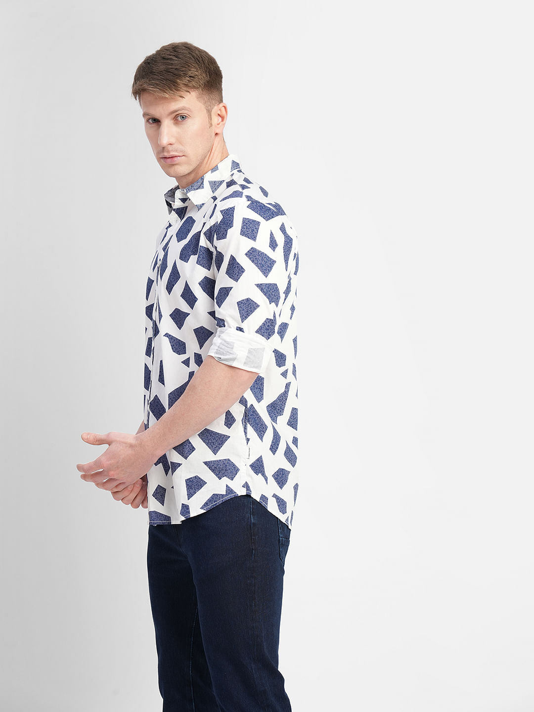 White Abstract Print Full Sleeves Shirt