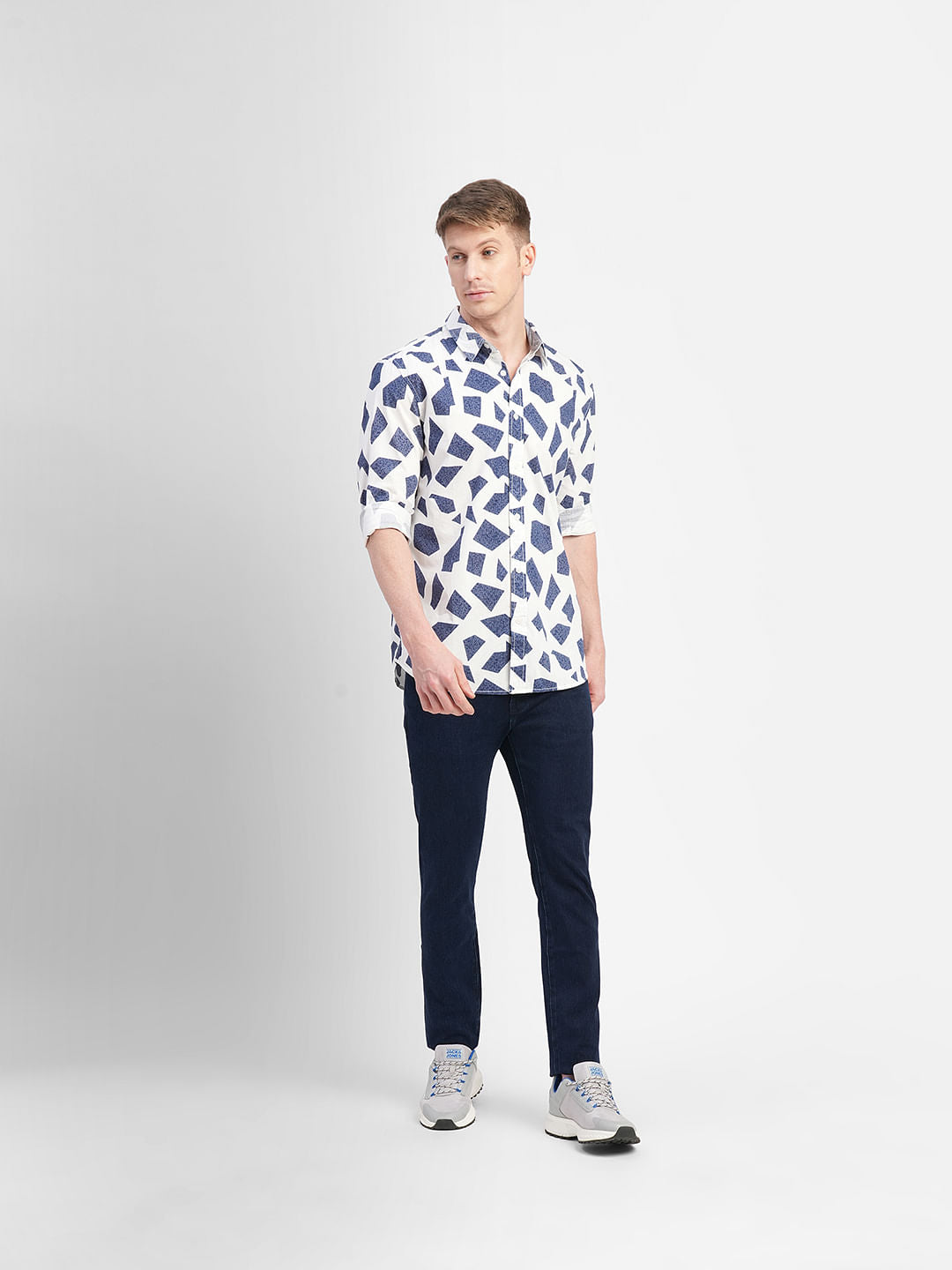 White Abstract Print Full Sleeves Shirt