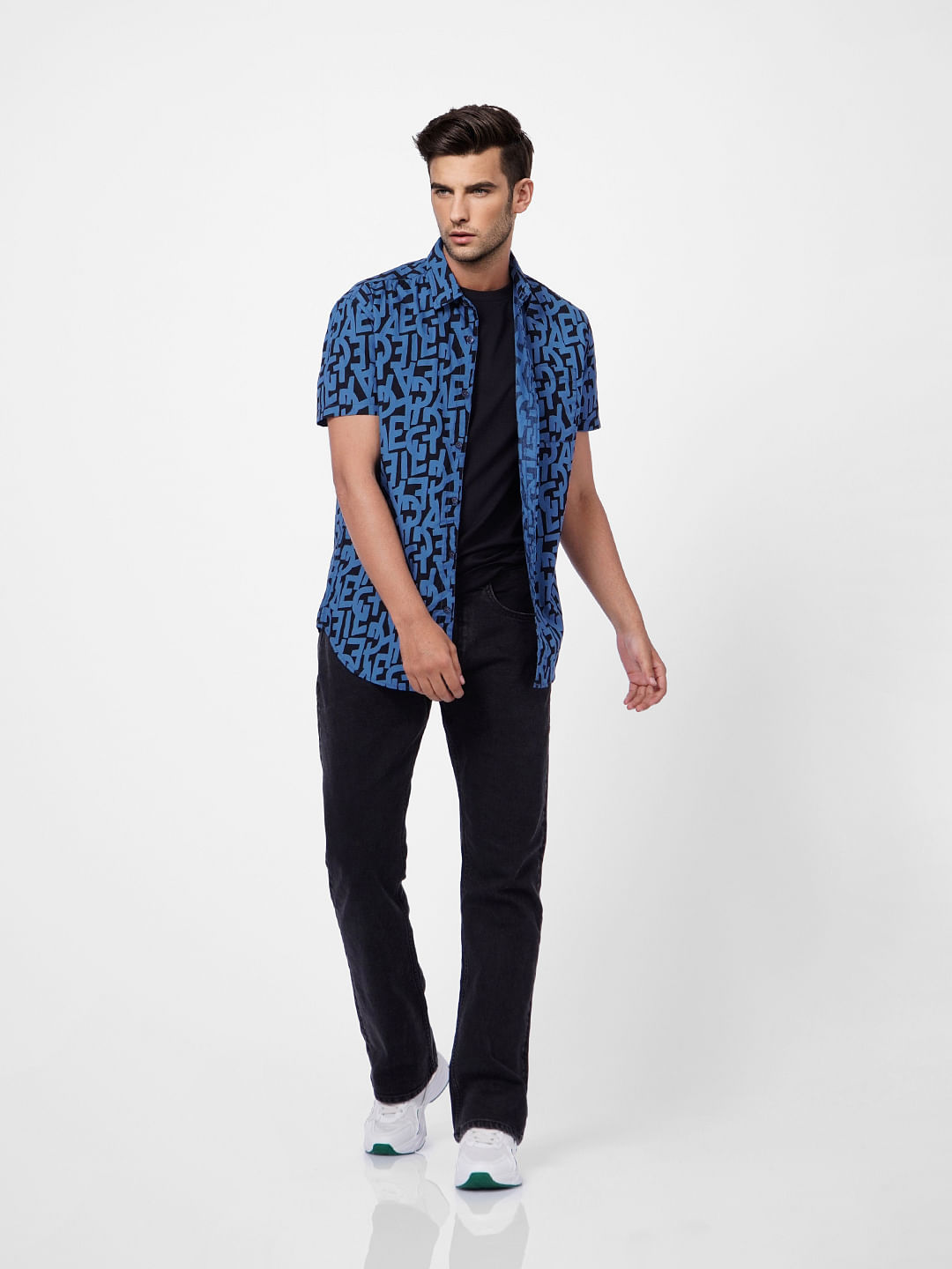 Black Typographic Print Short Sleeves Shirt - S