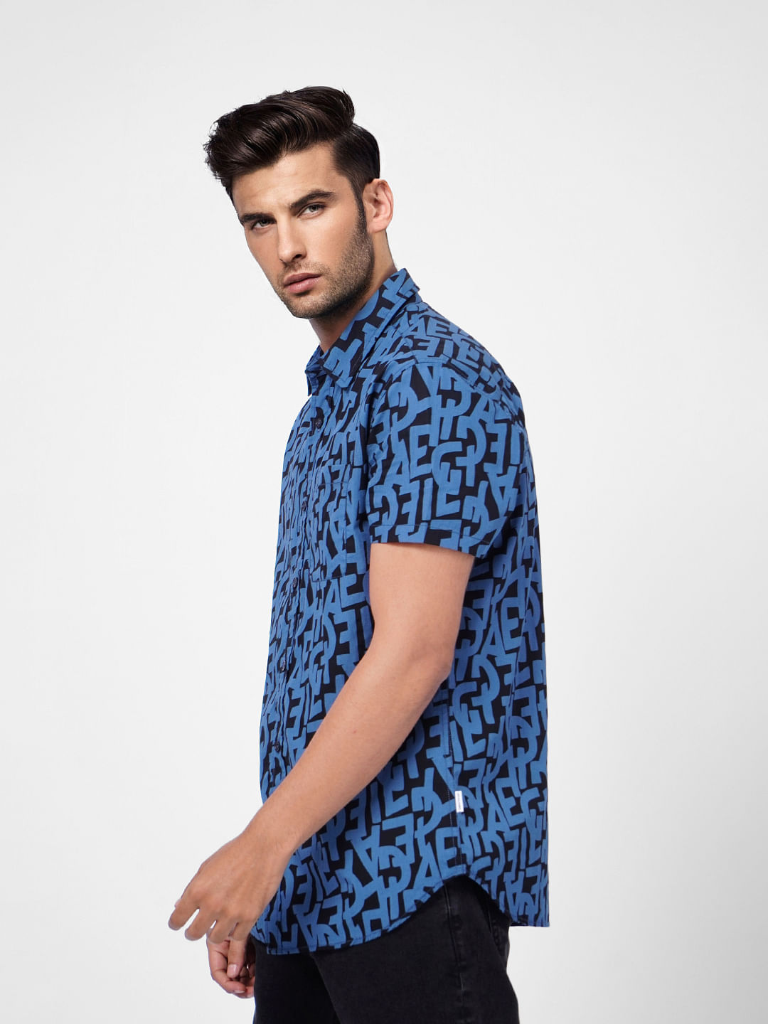 Black Typographic Print Short Sleeves Shirt