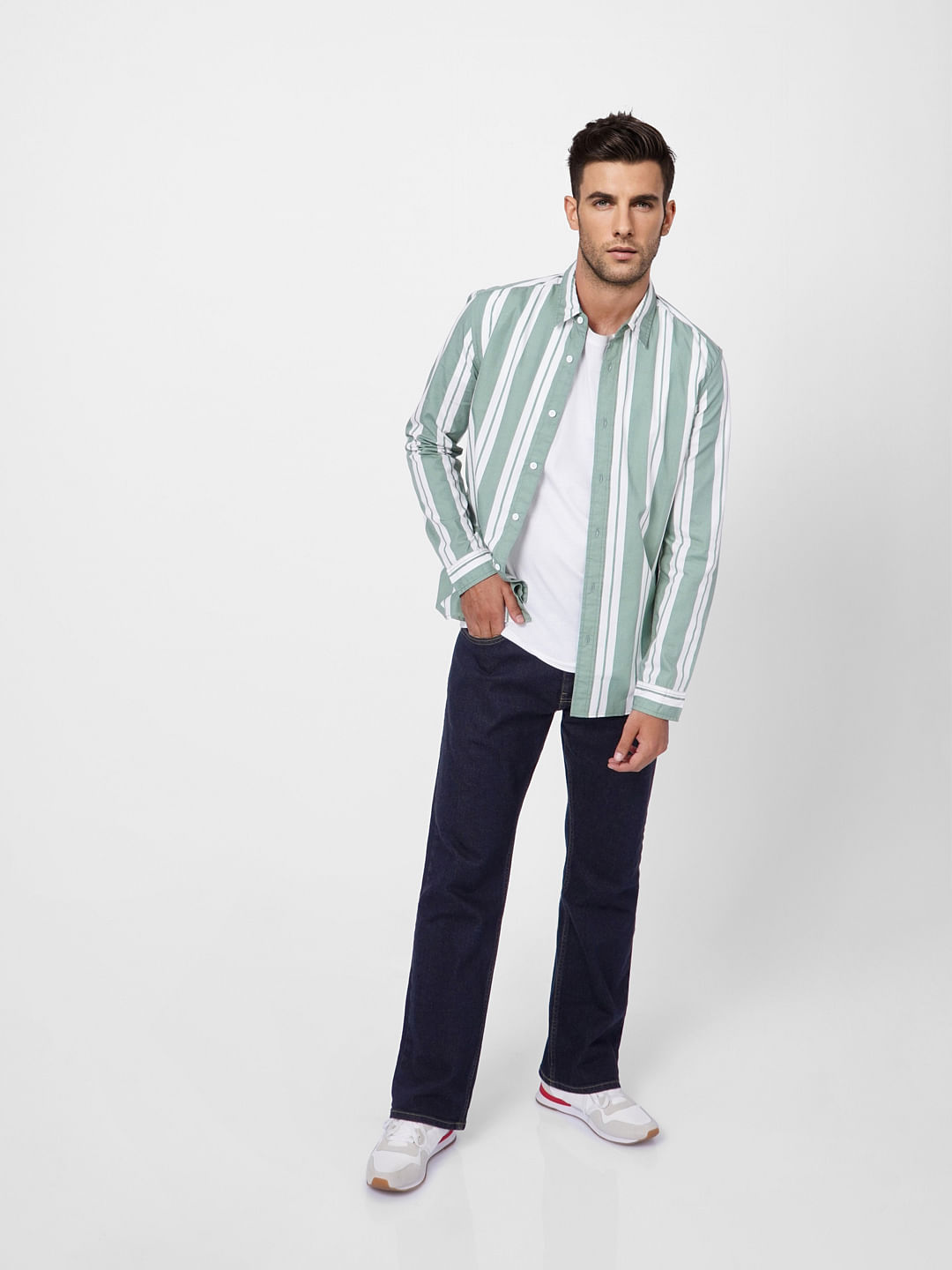 Green Striped Full Sleeves Shirt - S
