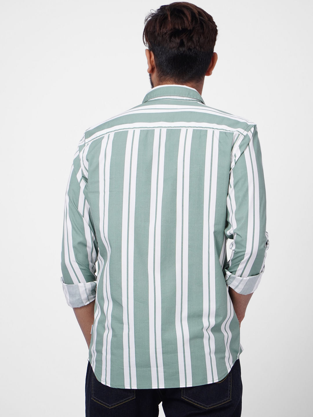 Green Striped Full Sleeves Shirt