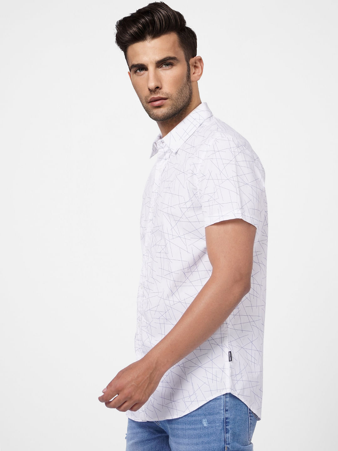 White Abstract Print Short Sleeves Shirt
