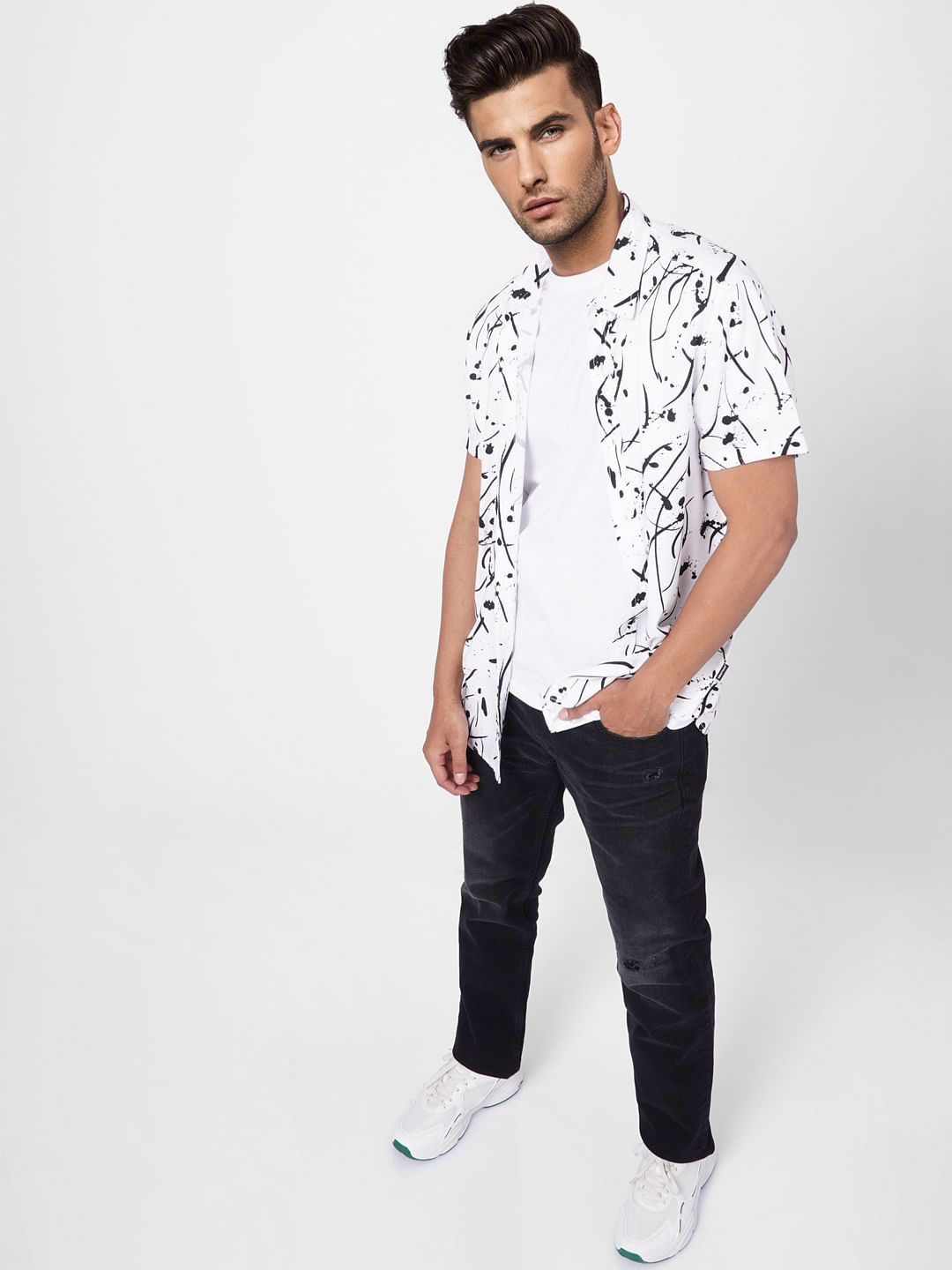 White Abstract Print Short Sleeves Shirt - S