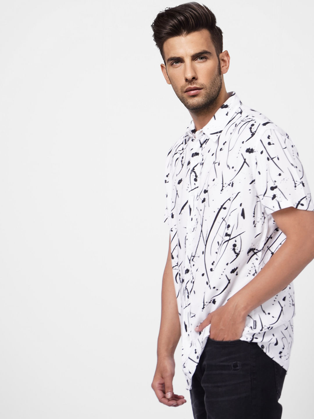 White Abstract Print Short Sleeves Shirt