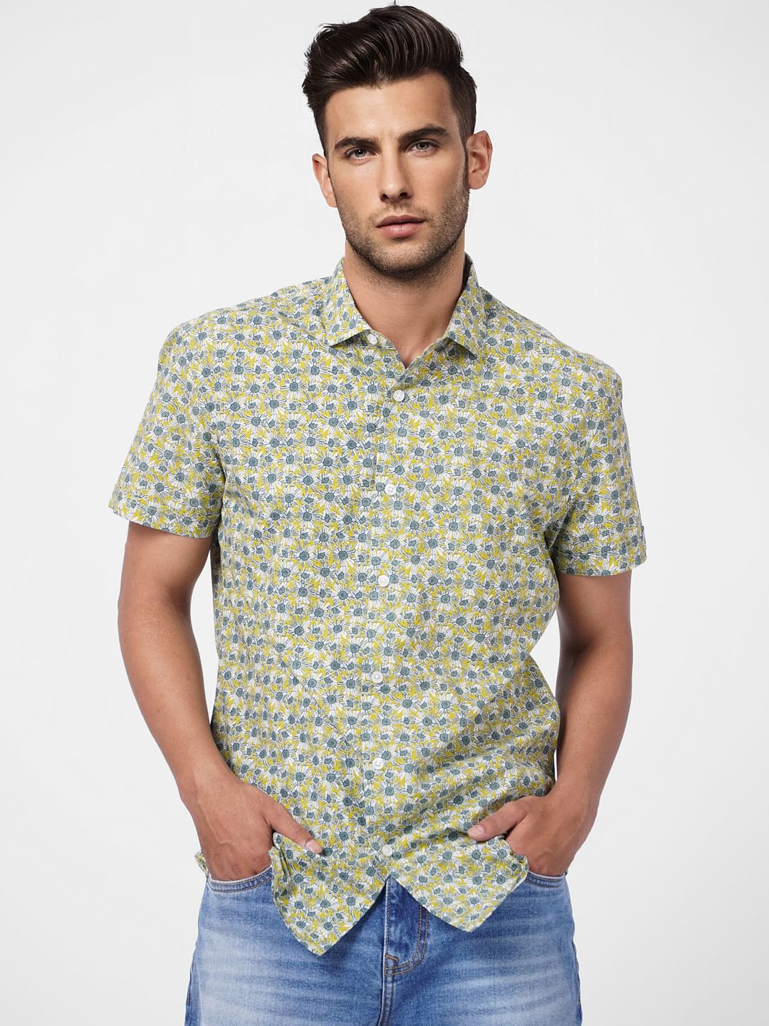 Green Floral Print Short Sleeves Shirt