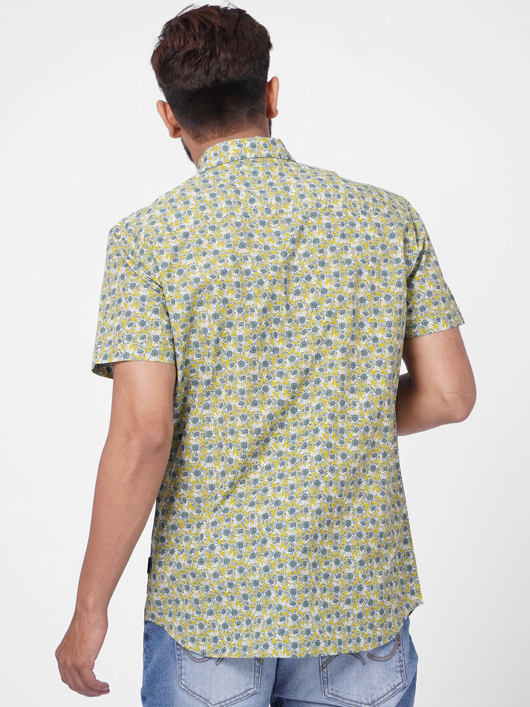 Green Floral Print Short Sleeves Shirt