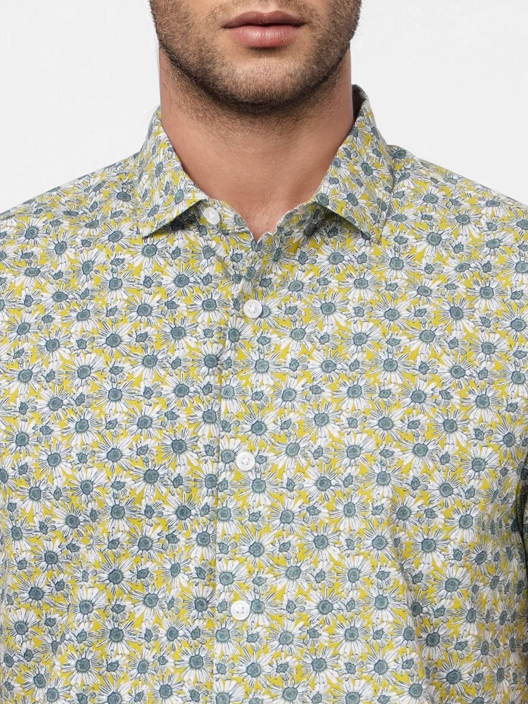 Green Floral Print Short Sleeves Shirt