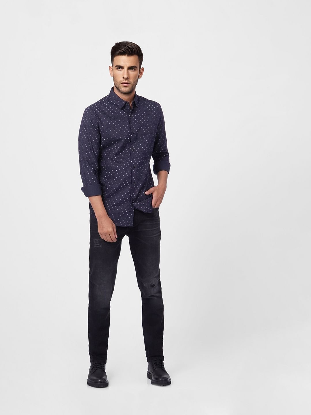 Indigo Dot Print Full Sleeves Shirt - S