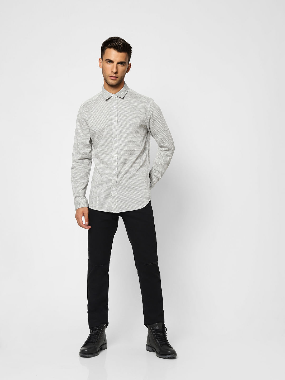 Grey Printed Full Sleeves Shirt