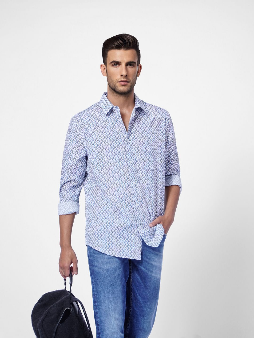 White & Blue Printed Full Sleeves Shirt