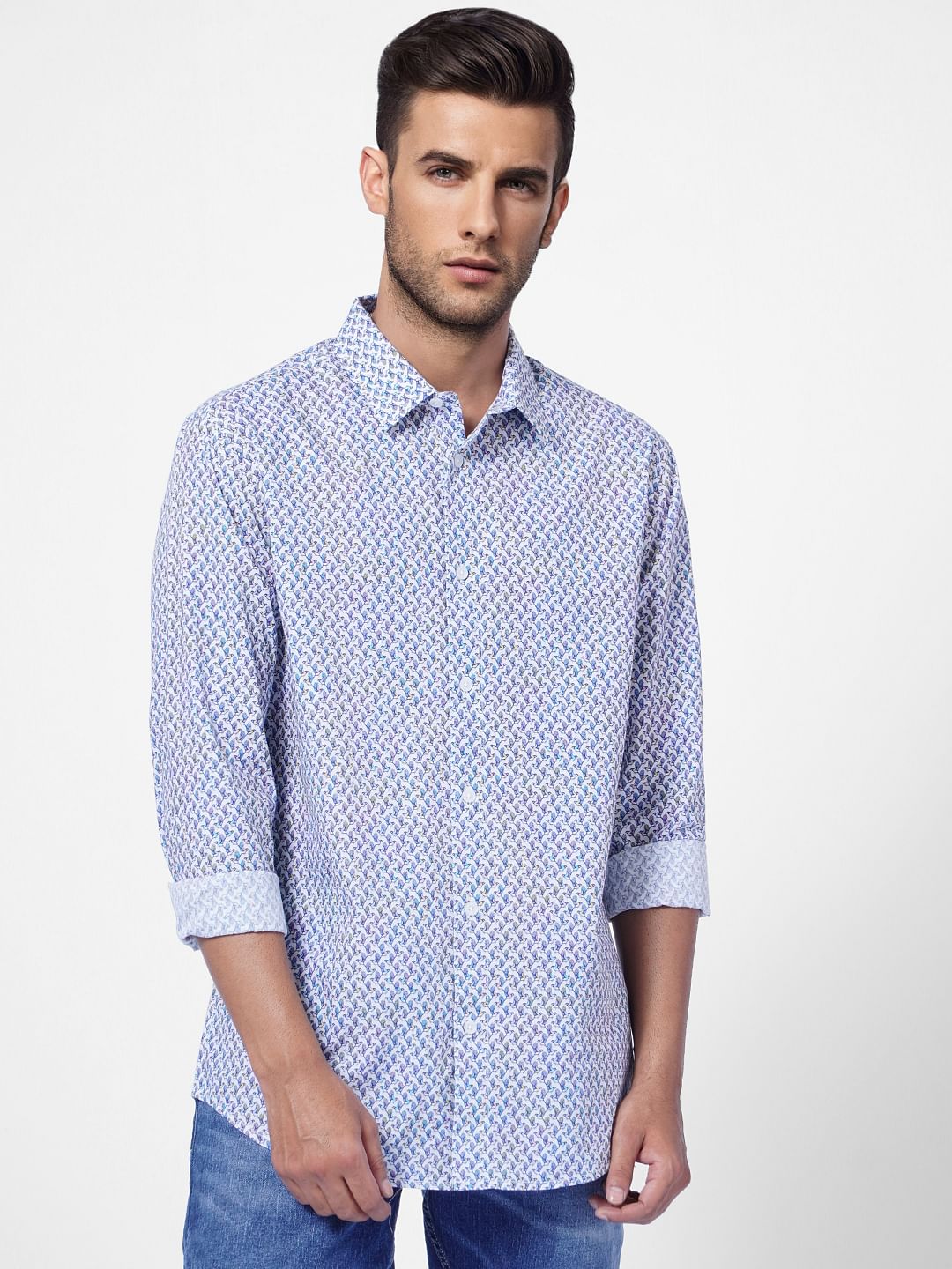 White & Blue Printed Full Sleeves Shirt