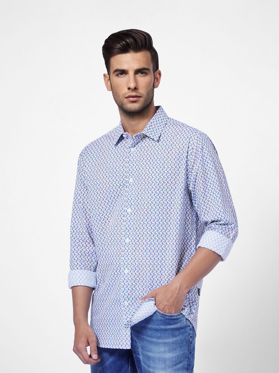 White & Blue Printed Full Sleeves Shirt