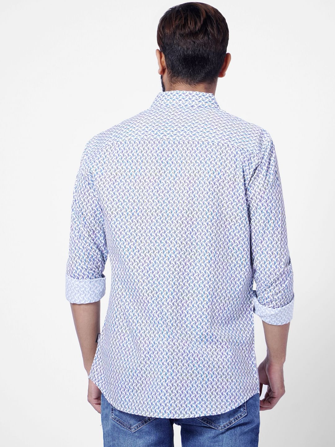 White & Blue Printed Full Sleeves Shirt