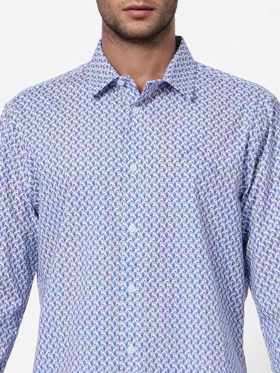White & Blue Printed Full Sleeves Shirt