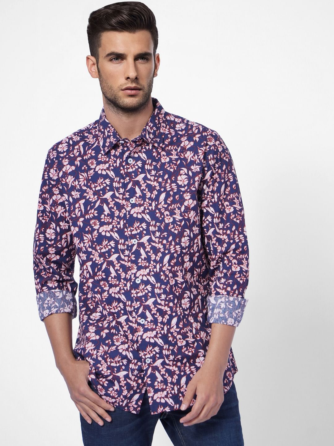 Navy Blue Floral Print Full Sleeves Shirt